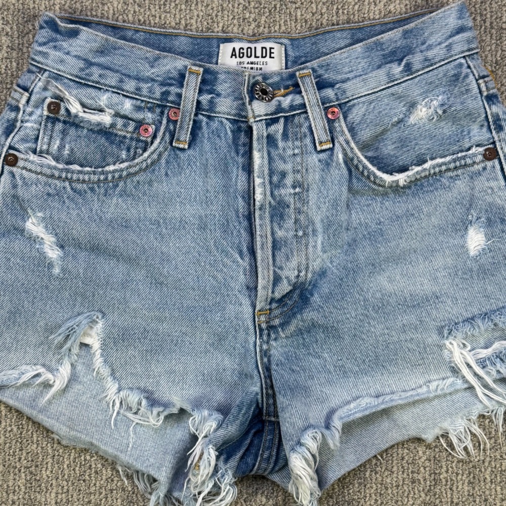 AGOLDE Premium Distressed High Rise Denim Shorts Size‎ 23 Raw Hem Summer